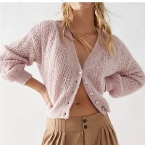 FREE PEOPLE Crochet Amelia ALPACA bland cardigan in Mauve Moon Oversized Size M